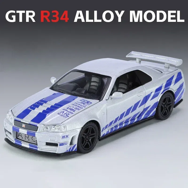 Color: Silver - 1:32 Nissan Skyline Ares GTR R34 Alloy Sports Car Model Diecast Metal Toy Racing Car Model Simulation Sound Light Childrens Gift