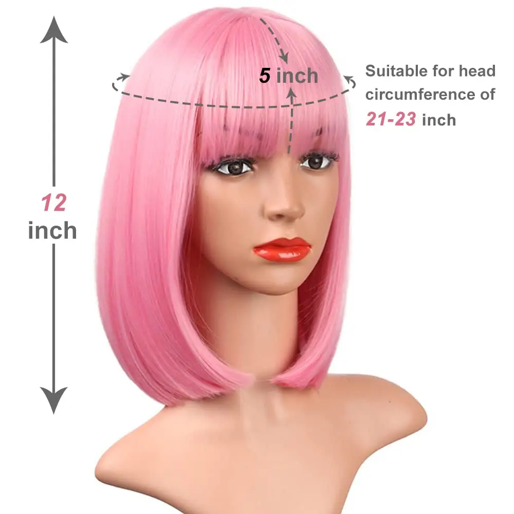 Color: T1B/PURPLE, Stretched Length: 12inches - 12-inch pink short straight hair synthetic wig for cosplay, pompadour hairstyle, daily high-temperature hair wig