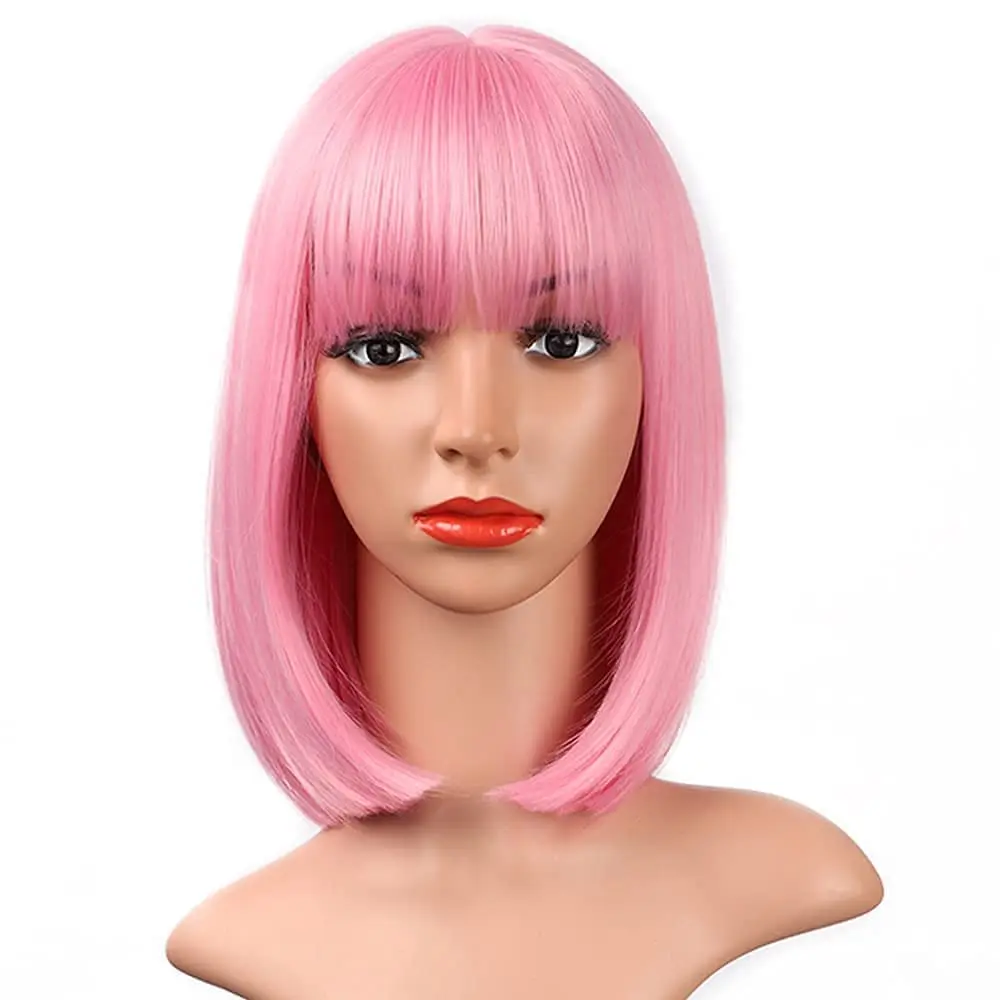 Color: T1B/PURPLE, Stretched Length: 12inches - 12-inch pink short straight hair synthetic wig for cosplay, pompadour hairstyle, daily high-temperature hair wig