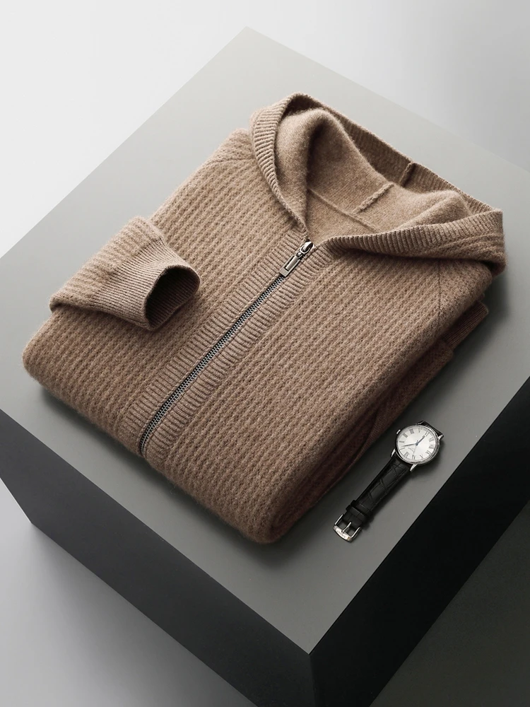 Color: Brown, Size: L - Daily Clothes Autumn Winter Sweater Men's Coat 100% Merino Wool Sweater Cardigan Knitted Jacket Thicked Hooded Outerwears Trend