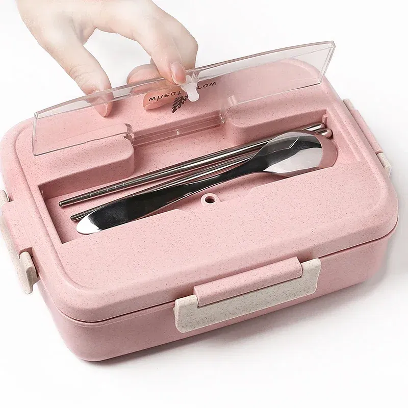 Color: Blue, Ships From: CHINA - Microwave Lunch Box Wheat Straw Dinnerware with Spoon Chopsticks Food Storage Container Children Kids School Office Bento Box