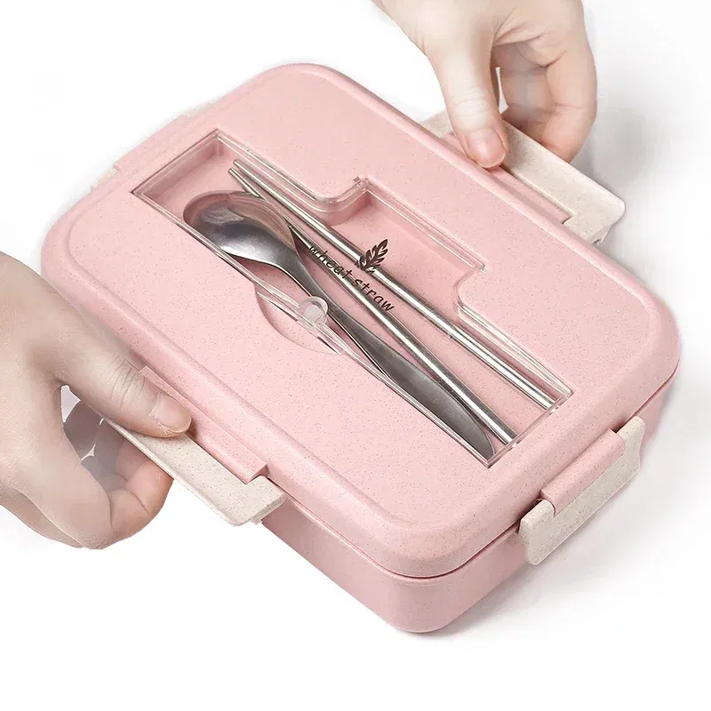 Color: Blue, Ships From: CHINA - Microwave Lunch Box Wheat Straw Dinnerware with Spoon Chopsticks Food Storage Container Children Kids School Office Bento Box