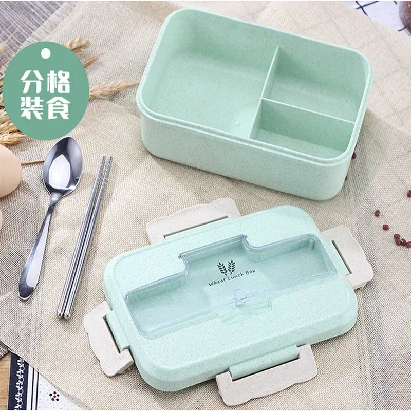 Color: Blue, Ships From: CHINA - Microwave Lunch Box Wheat Straw Dinnerware with Spoon Chopsticks Food Storage Container Children Kids School Office Bento Box