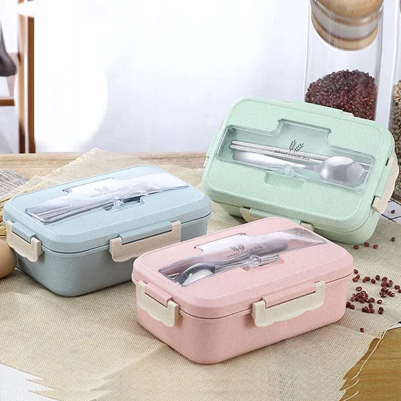 Color: Blue, Ships From: CHINA - Microwave Lunch Box Wheat Straw Dinnerware with Spoon Chopsticks Food Storage Container Children Kids School Office Bento Box