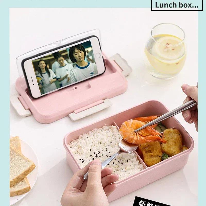 Color: Blue, Ships From: CHINA - Microwave Lunch Box Wheat Straw Dinnerware with Spoon Chopsticks Food Storage Container Children Kids School Office Bento Box