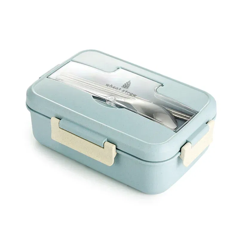Color: Blue, Ships From: CHINA - Microwave Lunch Box Wheat Straw Dinnerware with Spoon Chopsticks Food Storage Container Children Kids School Office Bento Box