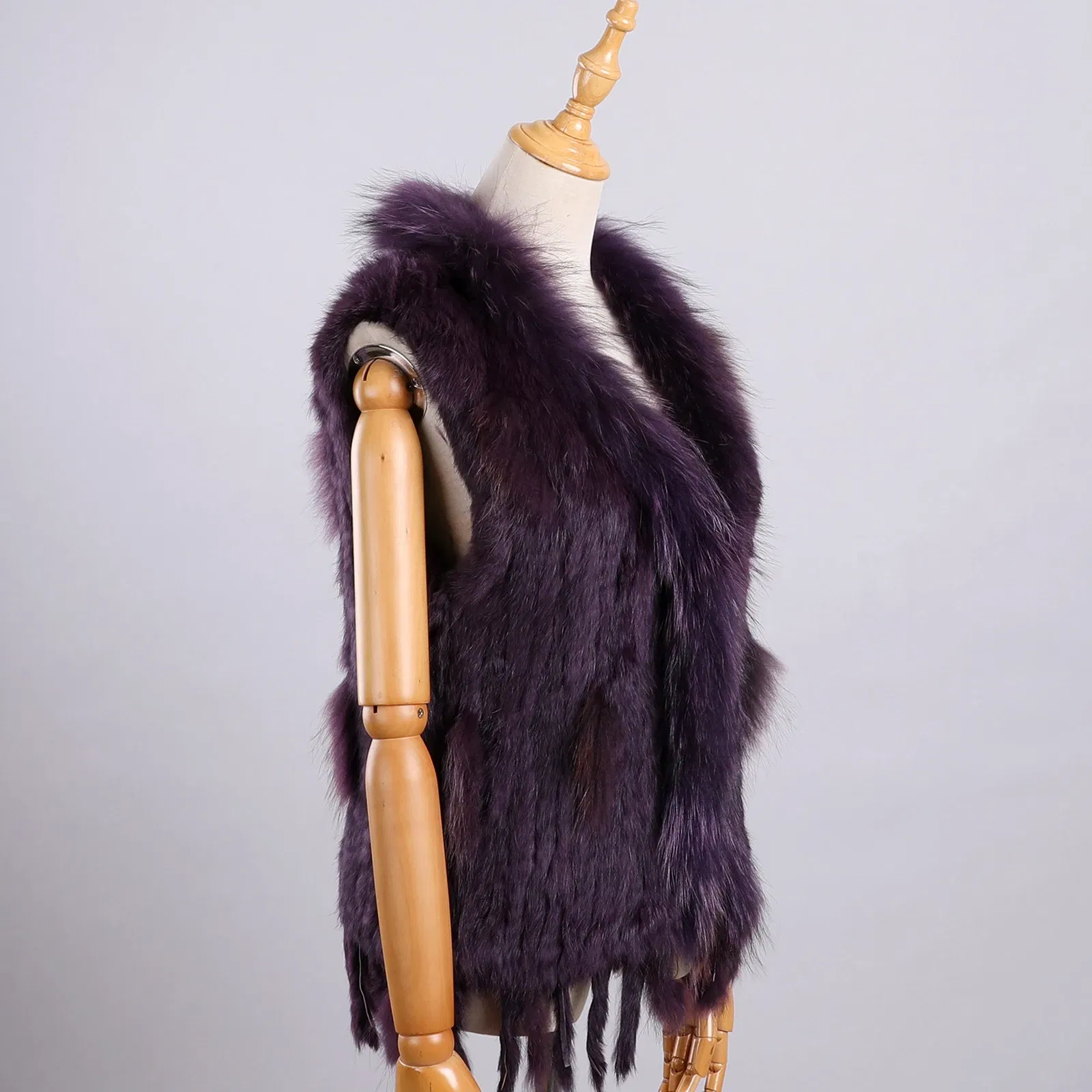 Color: PURPLE, Size: XL - Luxury Women's Genuine Premium Long Hair Rabbit Fur Knit Vest Raccoon Fur Trim Gilet Lady Sleeveless Waistcoat Real Fur Jacket