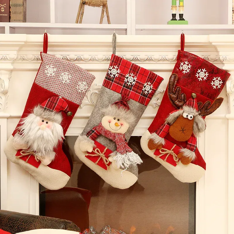 Color: Deep Sapphire - 1pc Christmas Santa & Snowman & Reindeer Stocking Ornament, Christmas Stocking Hanging Pendant