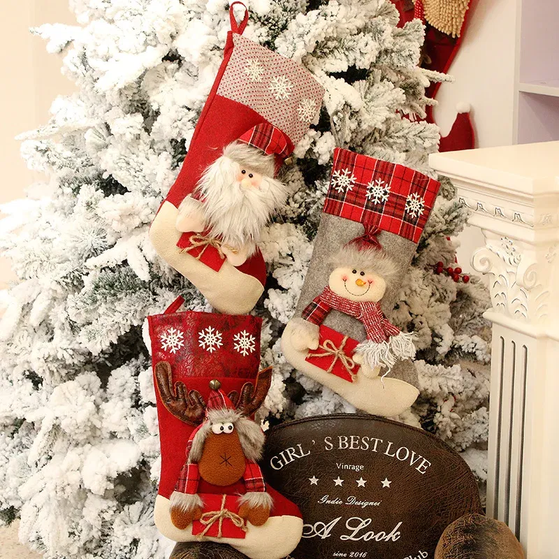 Color: Deep Sapphire - 1pc Christmas Santa & Snowman & Reindeer Stocking Ornament, Christmas Stocking Hanging Pendant