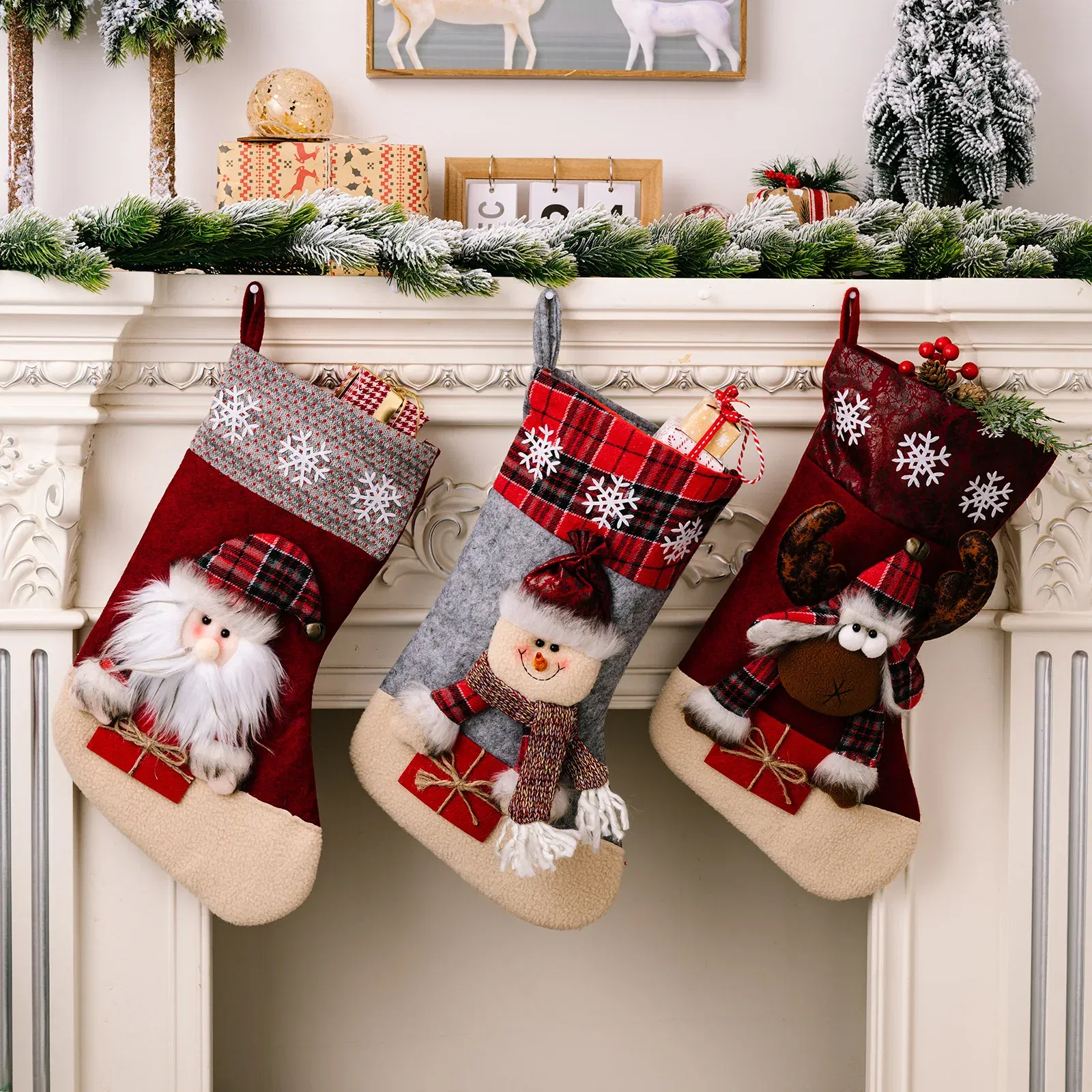Color: Deep Sapphire - 1pc Christmas Santa & Snowman & Reindeer Stocking Ornament, Christmas Stocking Hanging Pendant