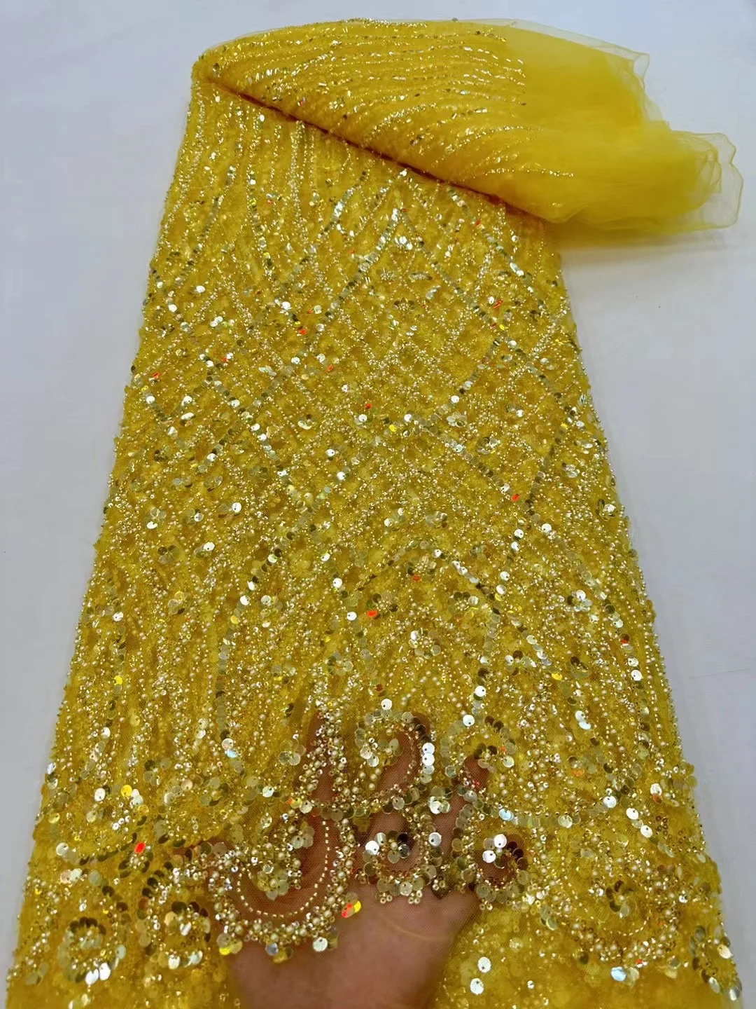 Color: pink, Width: 120cm, Length: 5 yards - Ni Ai African Sequins Beaded Groom Lace Fabric High Quality French Tulle Lace Fabric 2025 Embroidery Nigerian Lace Fabrics
