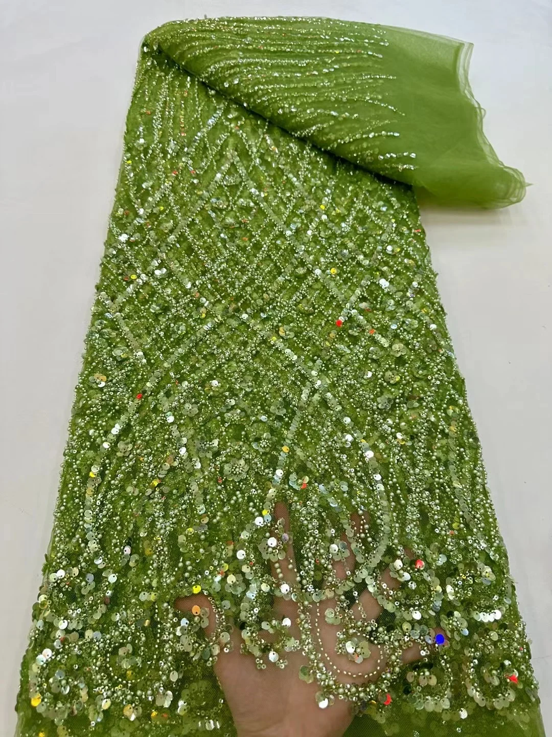 Color: pink, Width: 120cm, Length: 5 yards - Ni Ai African Sequins Beaded Groom Lace Fabric High Quality French Tulle Lace Fabric 2025 Embroidery Nigerian Lace Fabrics