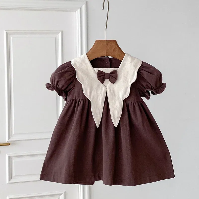 Color: Beige, Kid Size: 4T - 2024 New 0-4Yrs Baby Girl Clothing Short Sleeve Cotton Splicing Kids Princess Dresses Baby Girl Party Dress