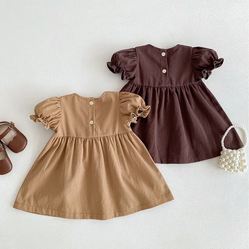 Color: Beige, Kid Size: 4T - 2024 New 0-4Yrs Baby Girl Clothing Short Sleeve Cotton Splicing Kids Princess Dresses Baby Girl Party Dress