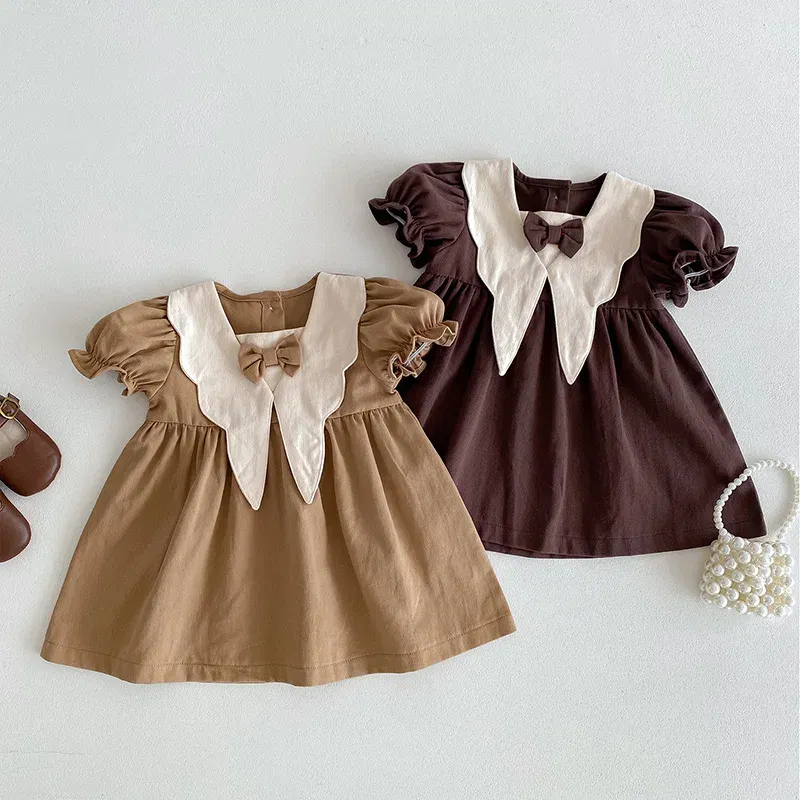 Color: Beige, Kid Size: 4T - 2024 New 0-4Yrs Baby Girl Clothing Short Sleeve Cotton Splicing Kids Princess Dresses Baby Girl Party Dress