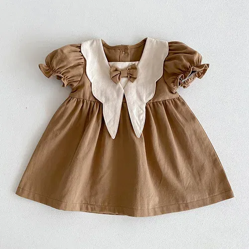 Color: Beige, Kid Size: 4T - 2024 New 0-4Yrs Baby Girl Clothing Short Sleeve Cotton Splicing Kids Princess Dresses Baby Girl Party Dress
