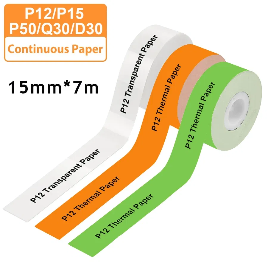 Color: WHITE - 3pcs 15mm x7m Continuous Label Paper fit for P12 P15 Phomemo D30 Q30 Printer Waterproof Self Adhesive Thermal Printer Sticker