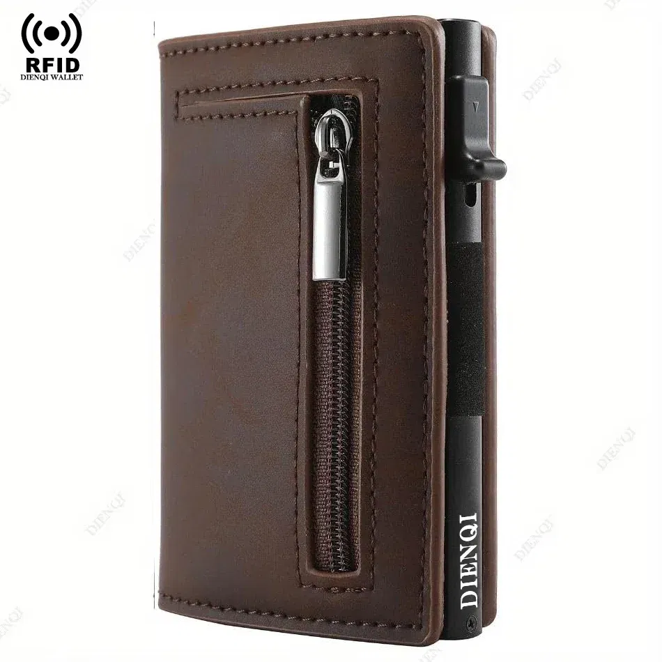 Color: Brown - Rfid Credit Card HolderMen Wallets Luxury Money Bag Purse Metal Aluminium Slim Thin Small Smart Minimalistic Wallets for Men