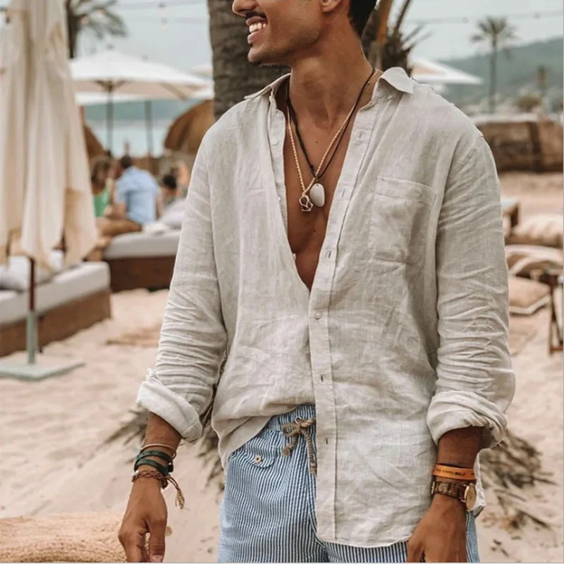 Color: WHITE, Size: M, Sale by Pack: Pack of 1 - Men's new men's long sleeve buttoned cotton linen shirt lapel cardigan