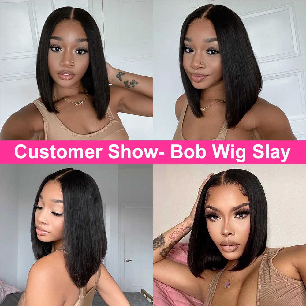 Hair Color: #1, Ships From: United States, Stretched Length: 12INCHES, Density: 180% - Wear And Go Glueless Bob Wig Human Hair 7x5 HD Lace Closure Human Hair Pre Plucked No Glue Pre Cut Ready To Wear Frontal Wig