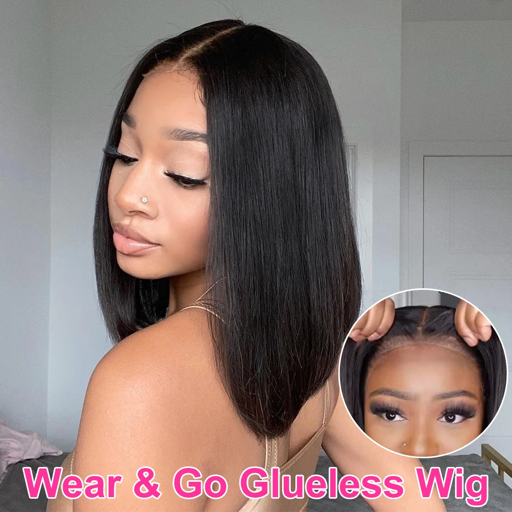 Hair Color: #1, Ships From: United States, Stretched Length: 12INCHES, Density: 180% - Wear And Go Glueless Bob Wig Human Hair 7x5 HD Lace Closure Human Hair Pre Plucked No Glue Pre Cut Ready To Wear Frontal Wig