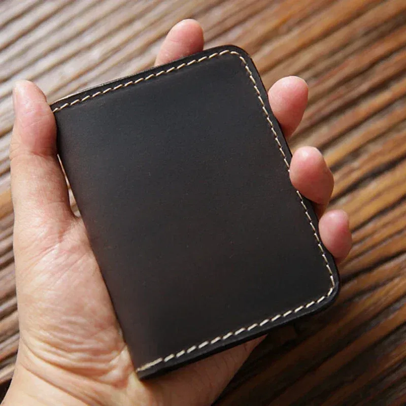 Color: Navy Blue - Retro Crazy Horse Leather Cards Cases Mens Cowhide Credit Card Holder Wallet Handmade Ultra-thin Slim Drivers License ID Cover