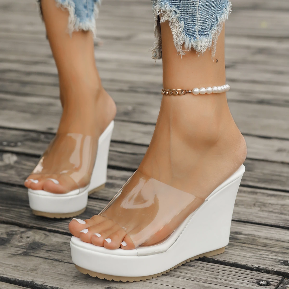 Color: WHITE, Shoe Size: 35 - 2024 Women Sandals New Casual Heels Woman Transparent Platform Wedges Non-slip Shoes Ladies Summer High Heel Large Size 35~43