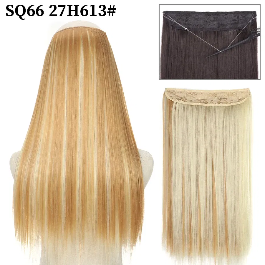 Color: #18, Stretched Length: 32inches, Ships From: CHINA - Synthetic Natural Wavy No Clip Fish Line Invisible Hair Extensions Mixed Color Blonde Black Artificial False Hair Piece ForWomen