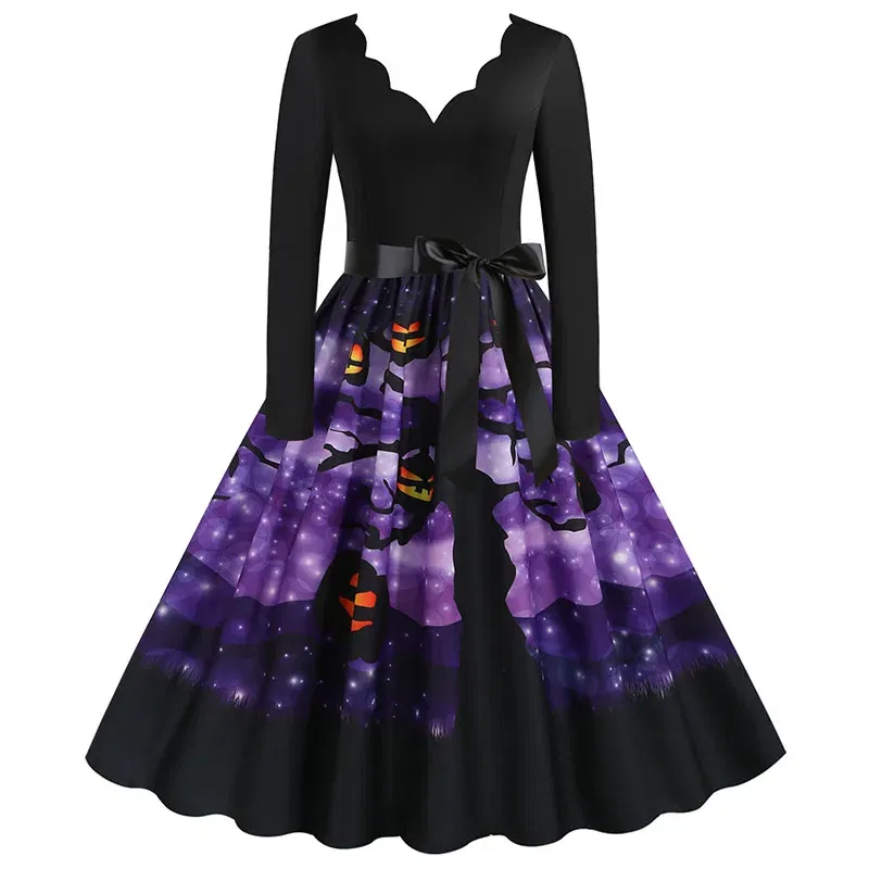 Women Halloween Dress S~3XL Vintage Printed V-Neck Long Sleeve Swing Winter Party Festival Sundress
