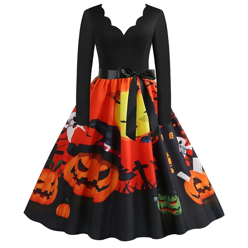 Women Halloween Dress S~3XL Vintage Printed V-Neck Long Sleeve Swing Winter Party Festival Sundress