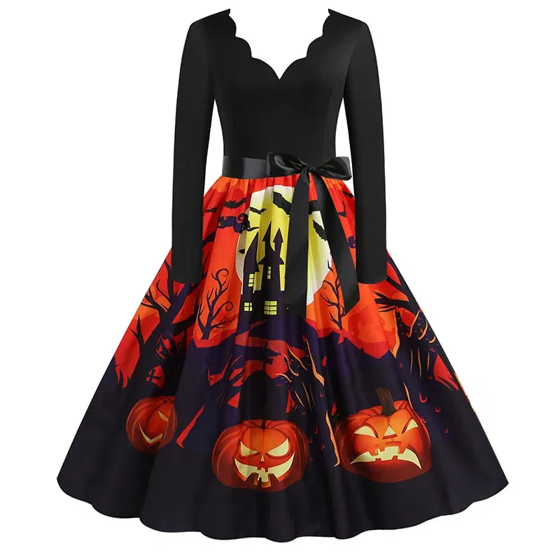 Women Halloween Dress S~3XL Vintage Printed V-Neck Long Sleeve Swing Winter Party Festival Sundress