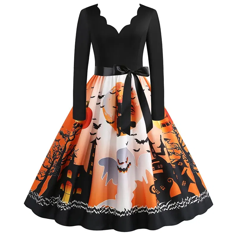 Women Halloween Dress S~3XL Vintage Printed V-Neck Long Sleeve Swing Winter Party Festival Sundress