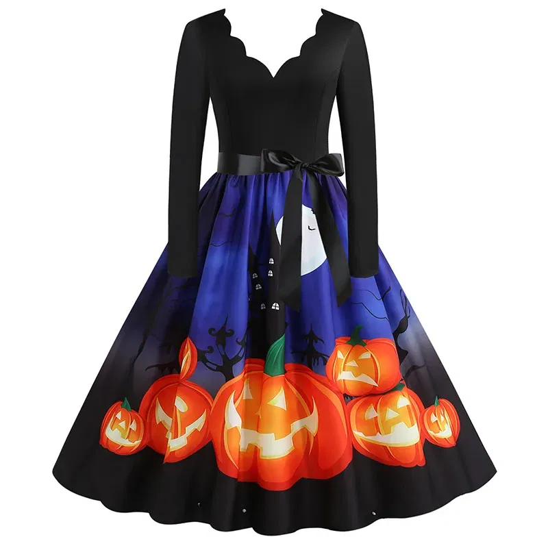 Women Halloween Dress S~3XL Vintage Printed V-Neck Long Sleeve Swing Winter Party Festival Sundress