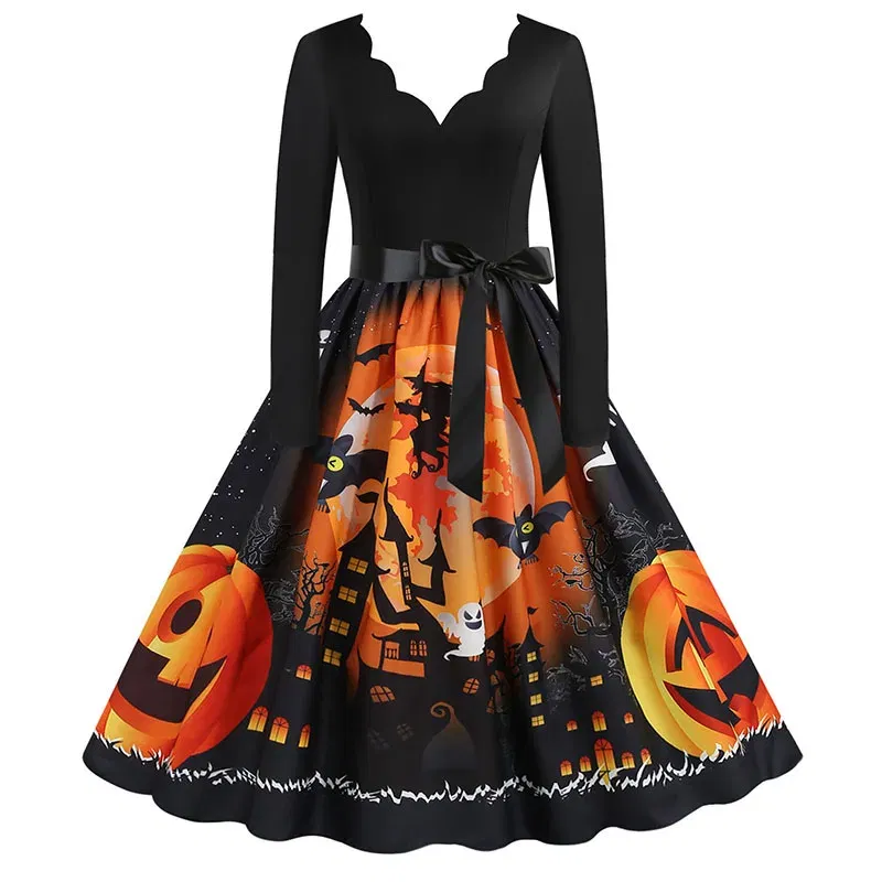 Women Halloween Dress S~3XL Vintage Printed V-Neck Long Sleeve Swing Winter Party Festival Sundress