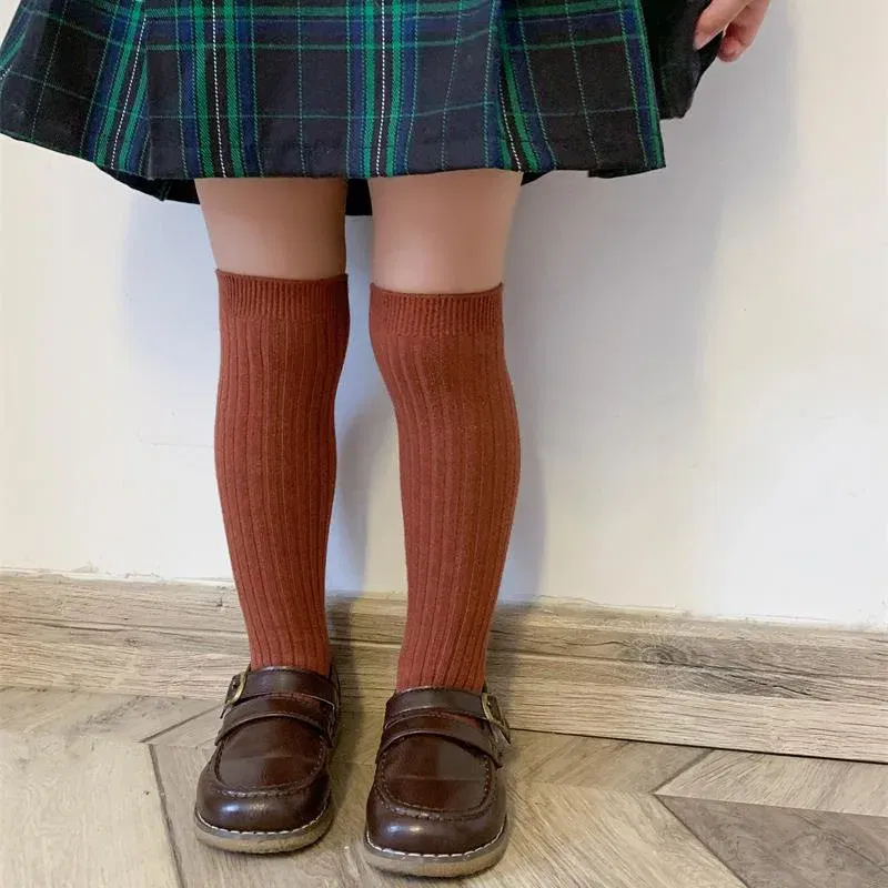 Color: Beige, Size: 7-9T - Baby Long Socks Over The Knee Little Girls Solid Cotton Socks Spring Autumn Long Crew Socks