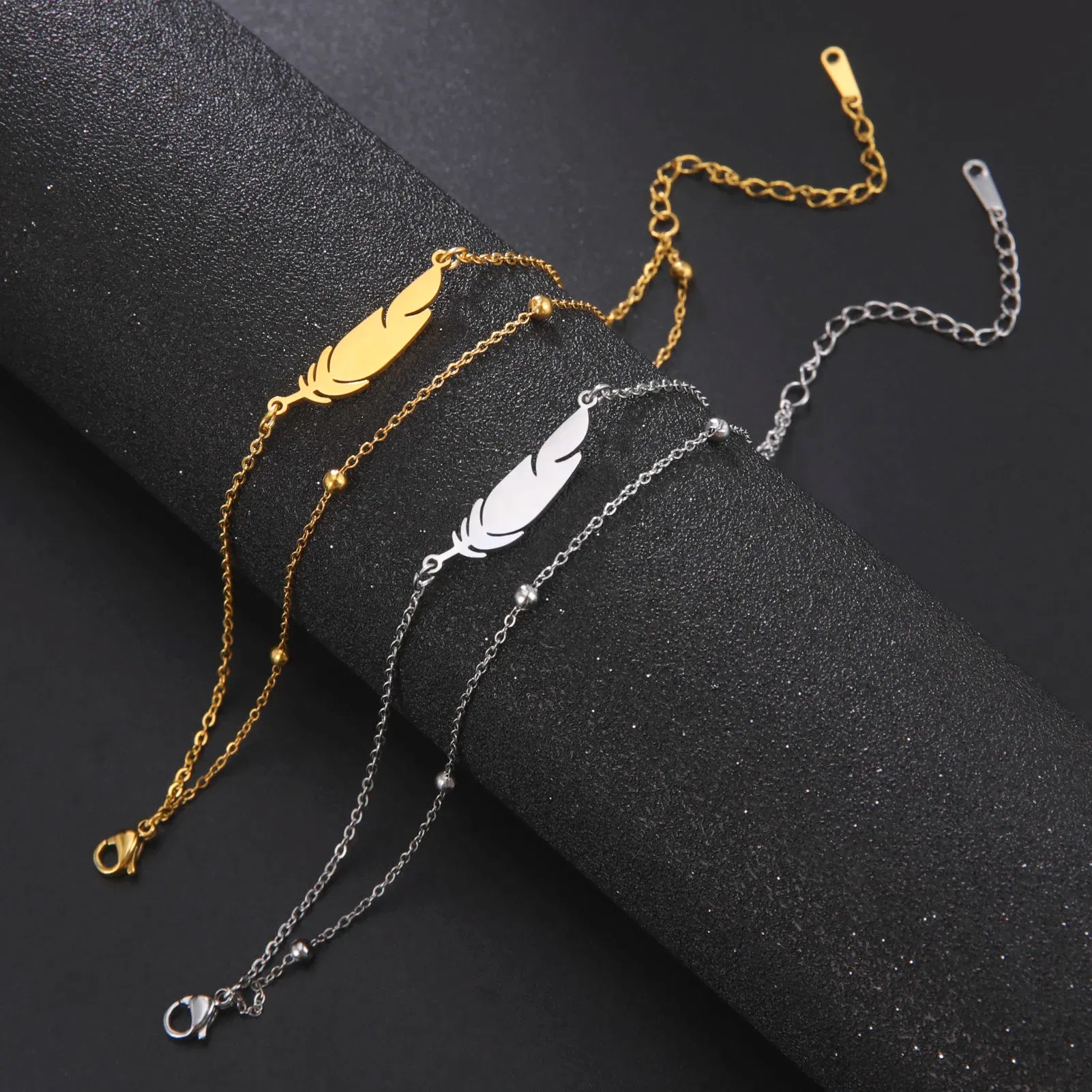 Metal Color: Imitation Rhodium Plated - Kkjoy Ankles of Women Men Silver Color Feather Stainless Steel Double Foot Chain Beach Style Trendy Female Jewelry Accessories