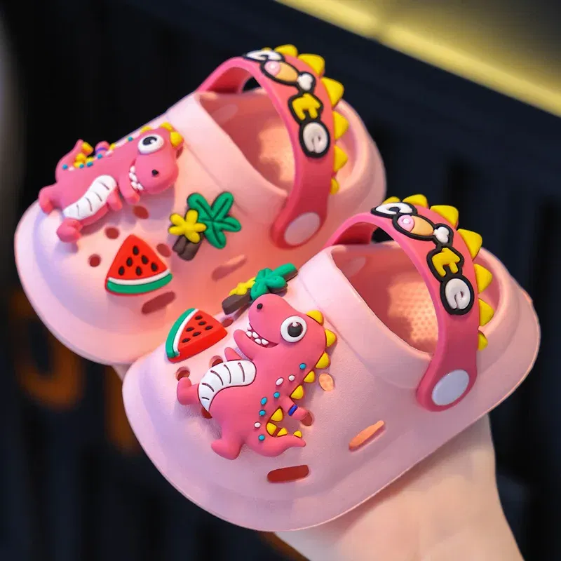 Color: Pink, Shoe Size: 2.5 - Summer Childrens Slippers Hole Kids Sandals Soft Anti-Skid Cartoon Dinosaur DIY Design Indoor Anti-Slip Boys Girls Beach Shoes