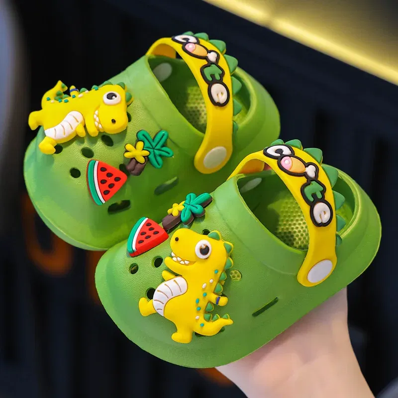 Color: Pink, Shoe Size: 2.5 - Summer Childrens Slippers Hole Kids Sandals Soft Anti-Skid Cartoon Dinosaur DIY Design Indoor Anti-Slip Boys Girls Beach Shoes