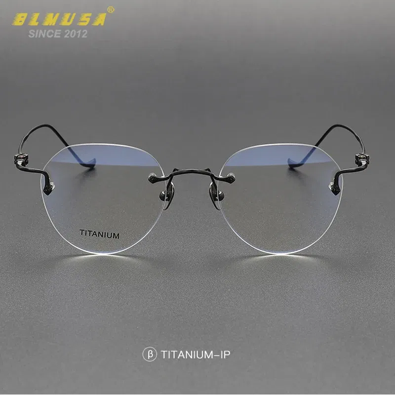Frame Color: Khaki, Eye Prescription: +275 - BLMUSA Pure Titanium Rimless Anti-blue Light Reading Glasses for Men Round Photochromic Optical Prescription with MR-8 lens