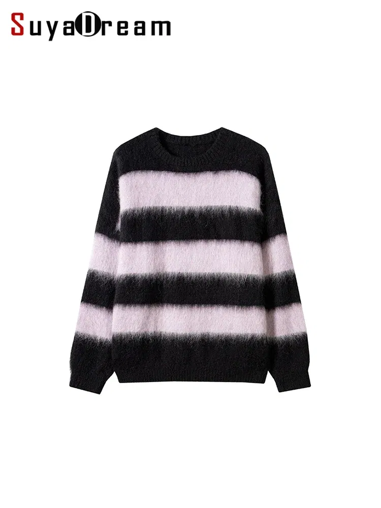 Color: black, Size: One Size - SuyaDream, Alpace Pullovers for Woman, O Neck Dropped Sleeved, Loose Striped Sweaters, 2025 Fall Winter Top, Pink, Black, Khaki