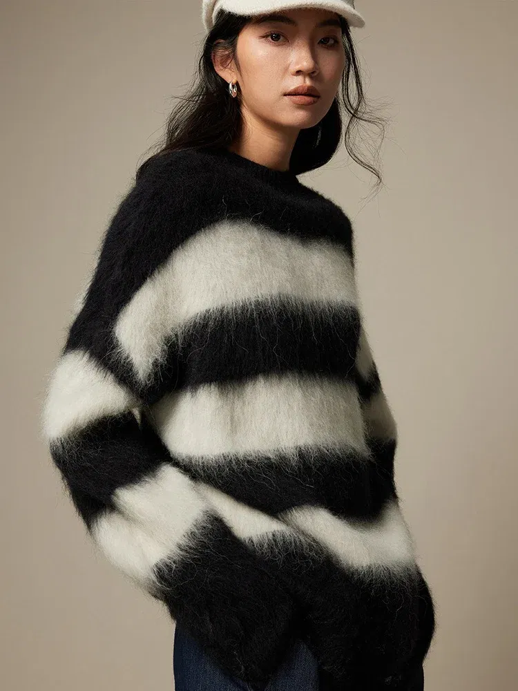 Color: black, Size: One Size - SuyaDream, Alpace Pullovers for Woman, O Neck Dropped Sleeved, Loose Striped Sweaters, 2025 Fall Winter Top, Pink, Black, Khaki