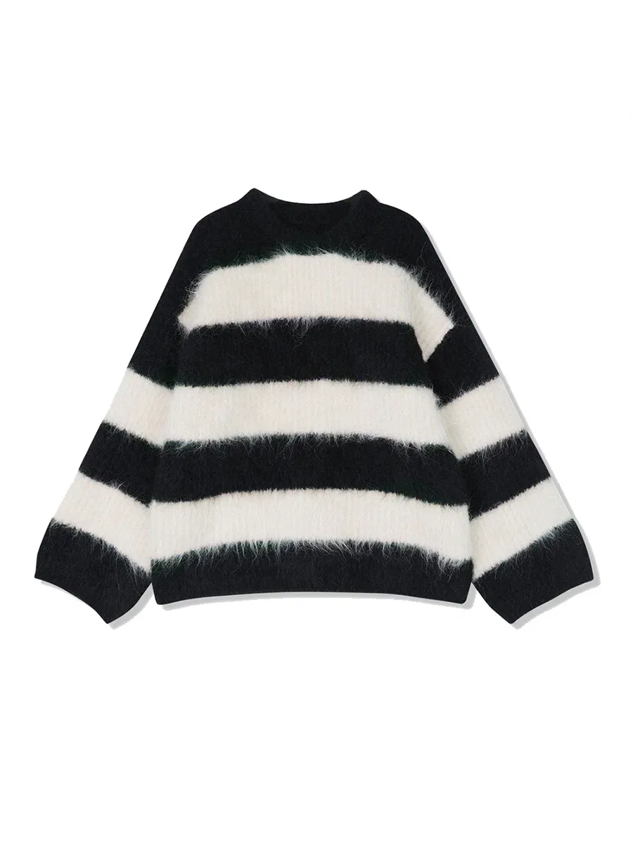 Color: black, Size: One Size - SuyaDream, Alpace Pullovers for Woman, O Neck Dropped Sleeved, Loose Striped Sweaters, 2025 Fall Winter Top, Pink, Black, Khaki