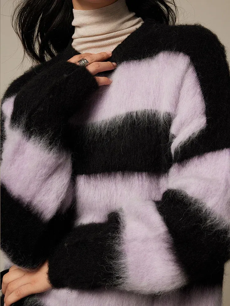 Color: black, Size: One Size - SuyaDream, Alpace Pullovers for Woman, O Neck Dropped Sleeved, Loose Striped Sweaters, 2025 Fall Winter Top, Pink, Black, Khaki