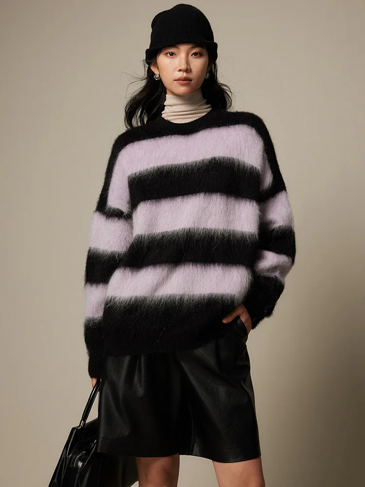 Color: black, Size: One Size - SuyaDream, Alpace Pullovers for Woman, O Neck Dropped Sleeved, Loose Striped Sweaters, 2025 Fall Winter Top, Pink, Black, Khaki