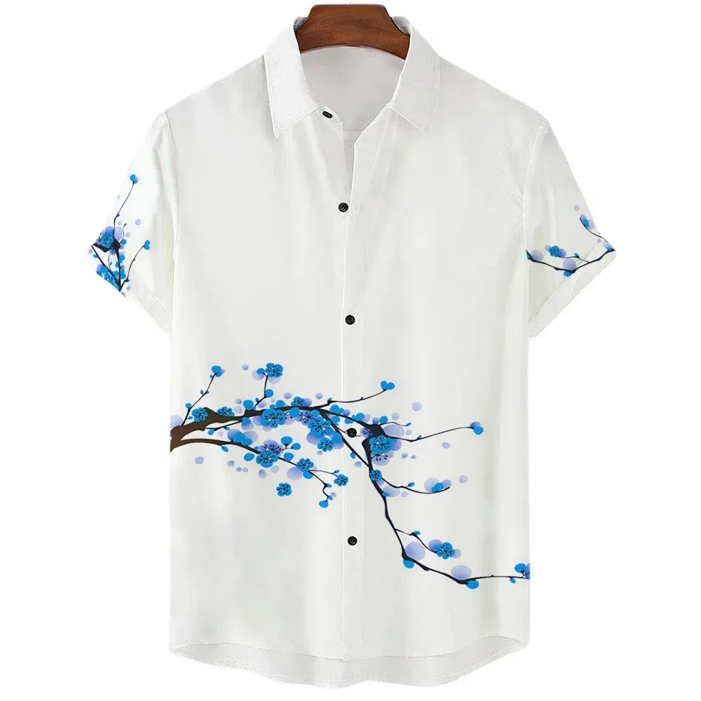Color: Red, Size: M - Fashionable Luxury Social men's Shirt Lapel button-down Shirt Casual Japanese Aesthetic Cherry Blossom Print short-sleeved Tops
