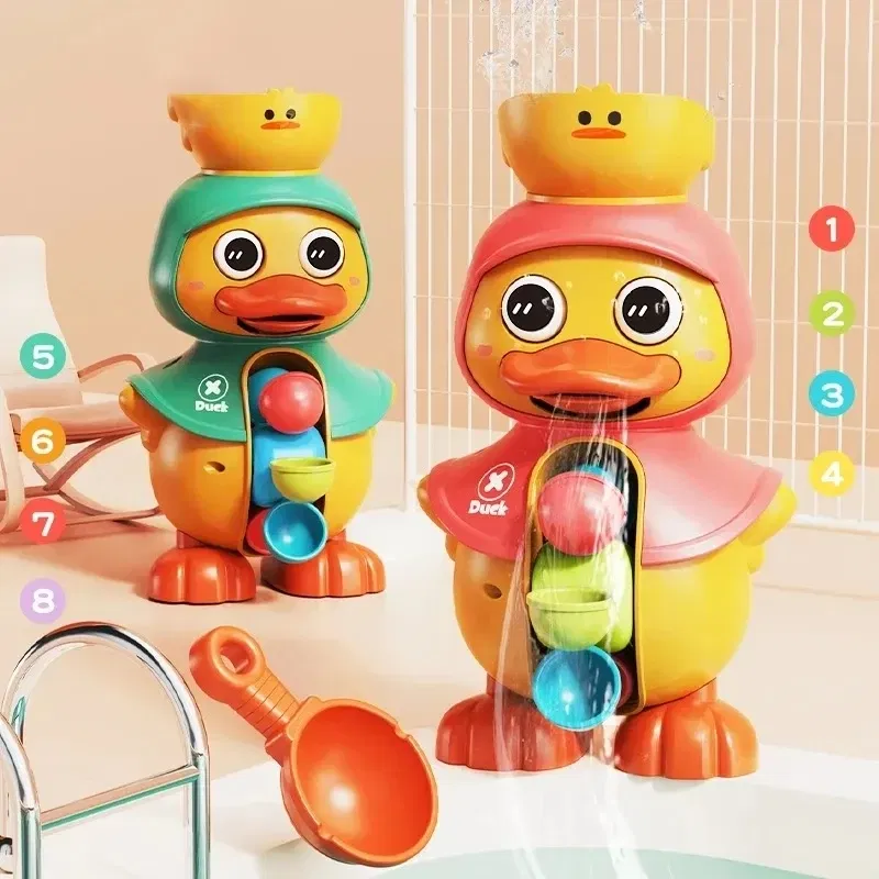Color: Red - Kids Shower Bath Toys Cute Duck Bathtub Toys for Toddlers 1-4 Years Old with Rotating Water Wheels Bathroom Power Suction Water