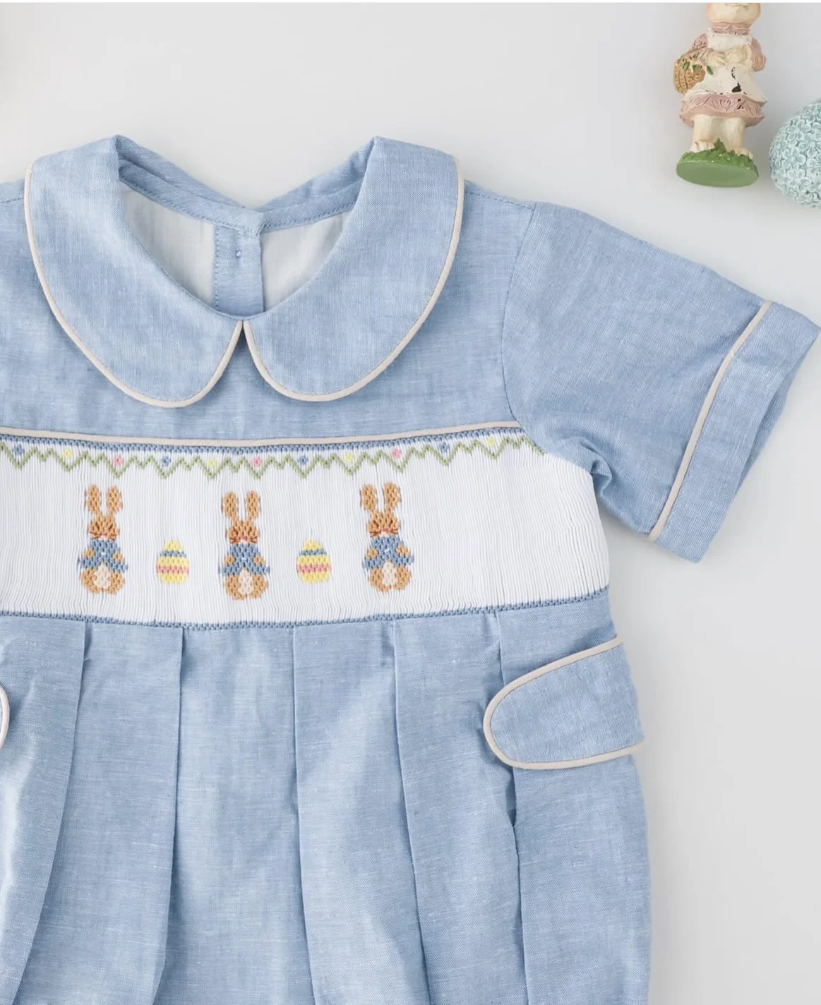 Kid Size: 7T - 0-6Y Baby Boy Summer Rabbits Handmade Embroidery Smocked Blue Rompers for Birthday Phototgraphy Party Holiday Eid Casual A5