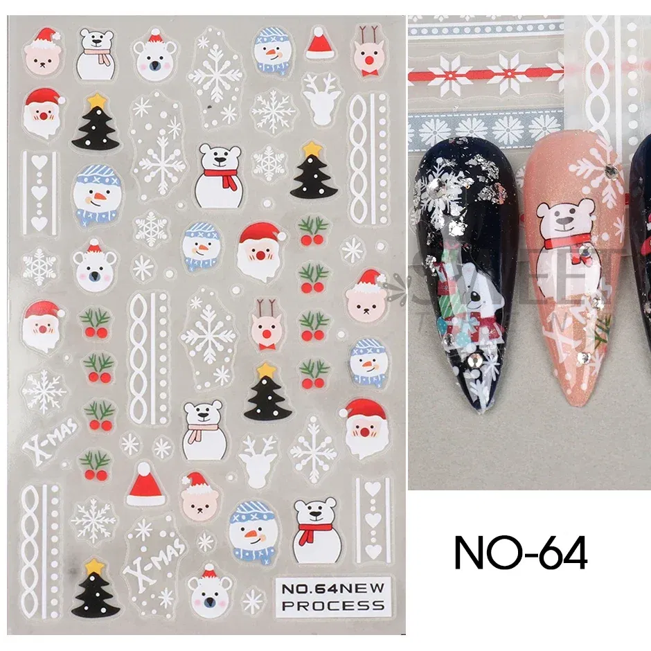Color: light yellow - 5D Embossed Elk Nail Art Sticker Cute Christmas Winter Santa Claus Snowflake Gingerbread Man Engraved Slider Manicure Decoration