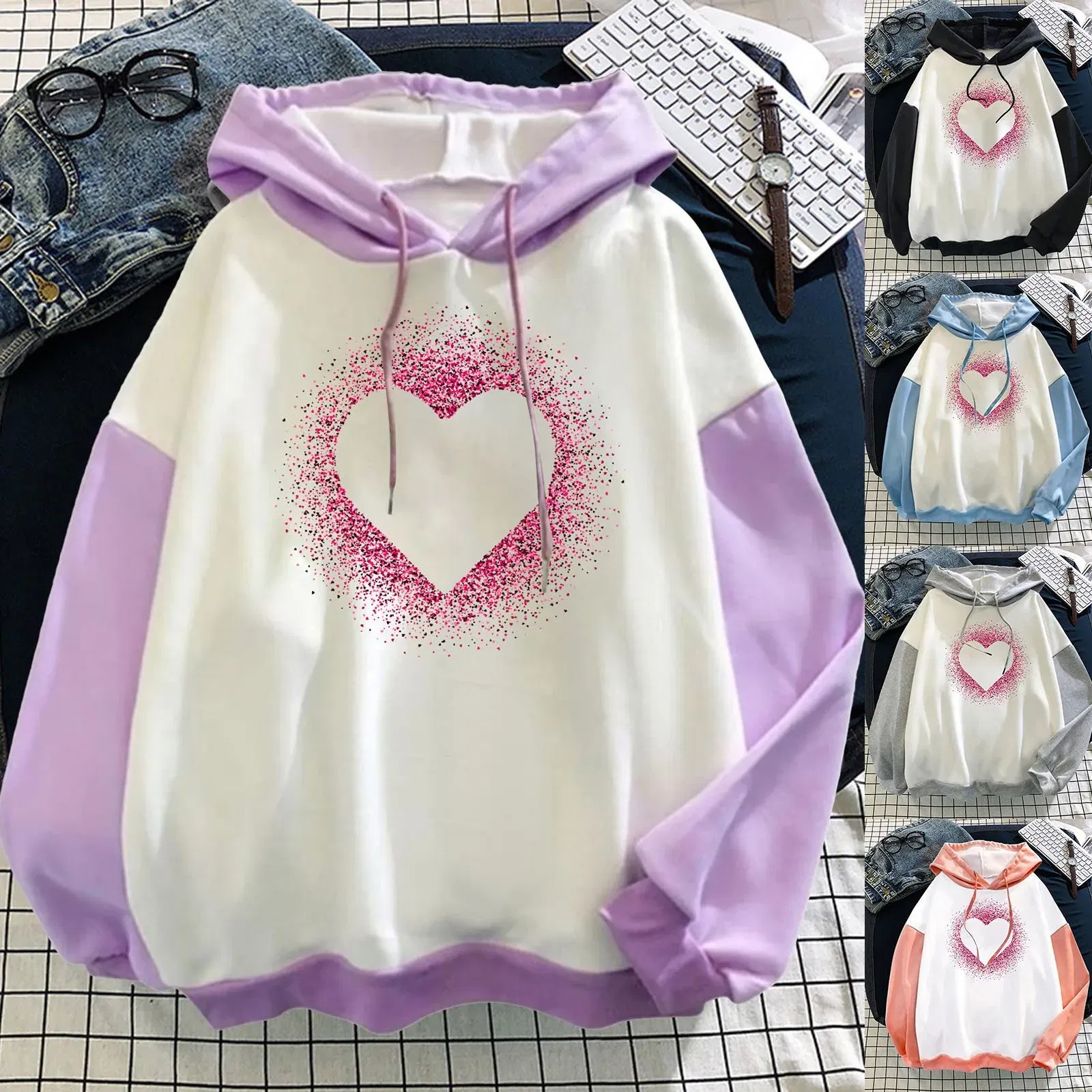 Color: Light Blue, Size: XXL, Ships From: CN - Women Casual Long Sleeve Sweatshirt Love Print Drawstring Pullover Hoodie Color Block Tops Pullover Casual Top