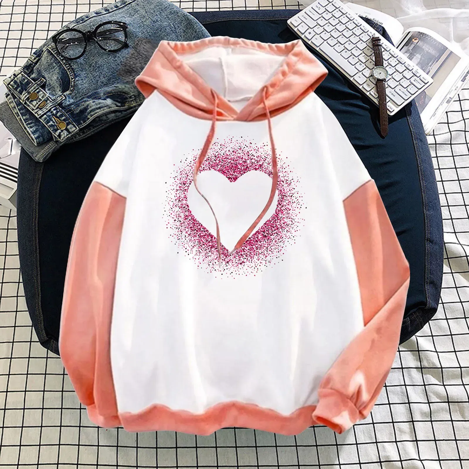Color: Light Blue, Size: XXL, Ships From: CN - Women Casual Long Sleeve Sweatshirt Love Print Drawstring Pullover Hoodie Color Block Tops Pullover Casual Top